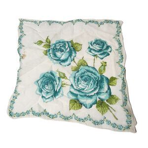 VTG HANKIE LG BLUE ROSES VERY COLORFUL GRAPHIC SCALLOPED EDGE POCKET SCARF BRIDE